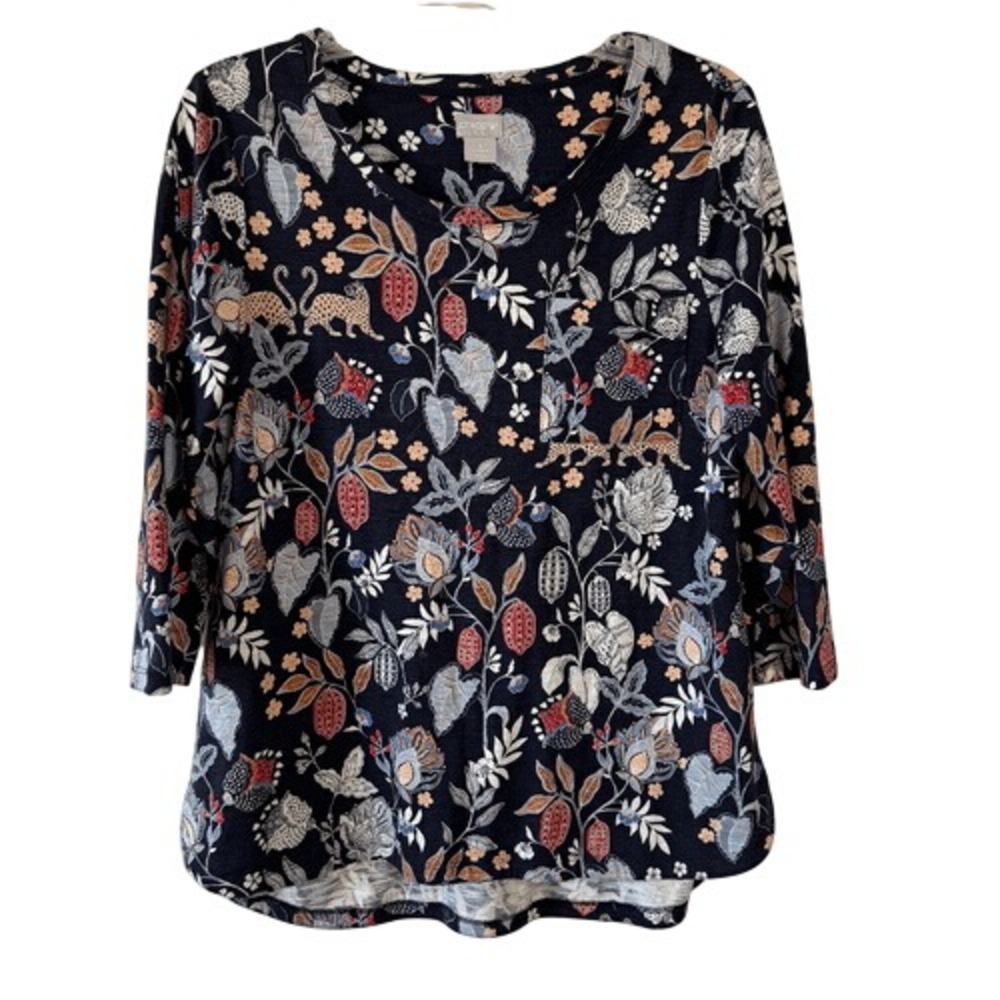 Chico's Navy Print Knit Top, Size Medium‎